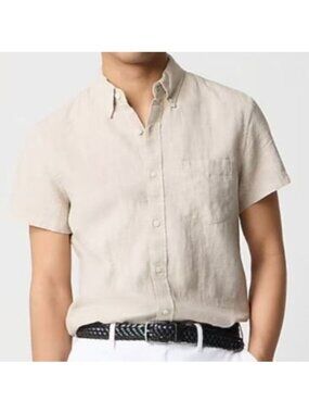 J.Crew Factory Linen-Blend Shirt Mens Medium Beige Short Sleeve Beach Casual Tan